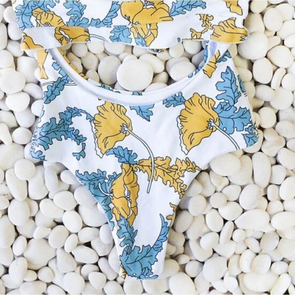 Monkini Suit Junior XL Gold Blue Floral Halter Tie Cut Out - Picture 9 of 12